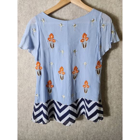 ANTHROPOLOGIE FLOREAT Blue Floral Embroidered Boho Hippie Lightweight Top SZ 2 - Picture 2 of 8